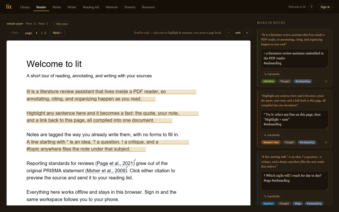 Lit Review’s PDF reader displaying its public welcome paper, highlighted passages, and tagged margin notes.